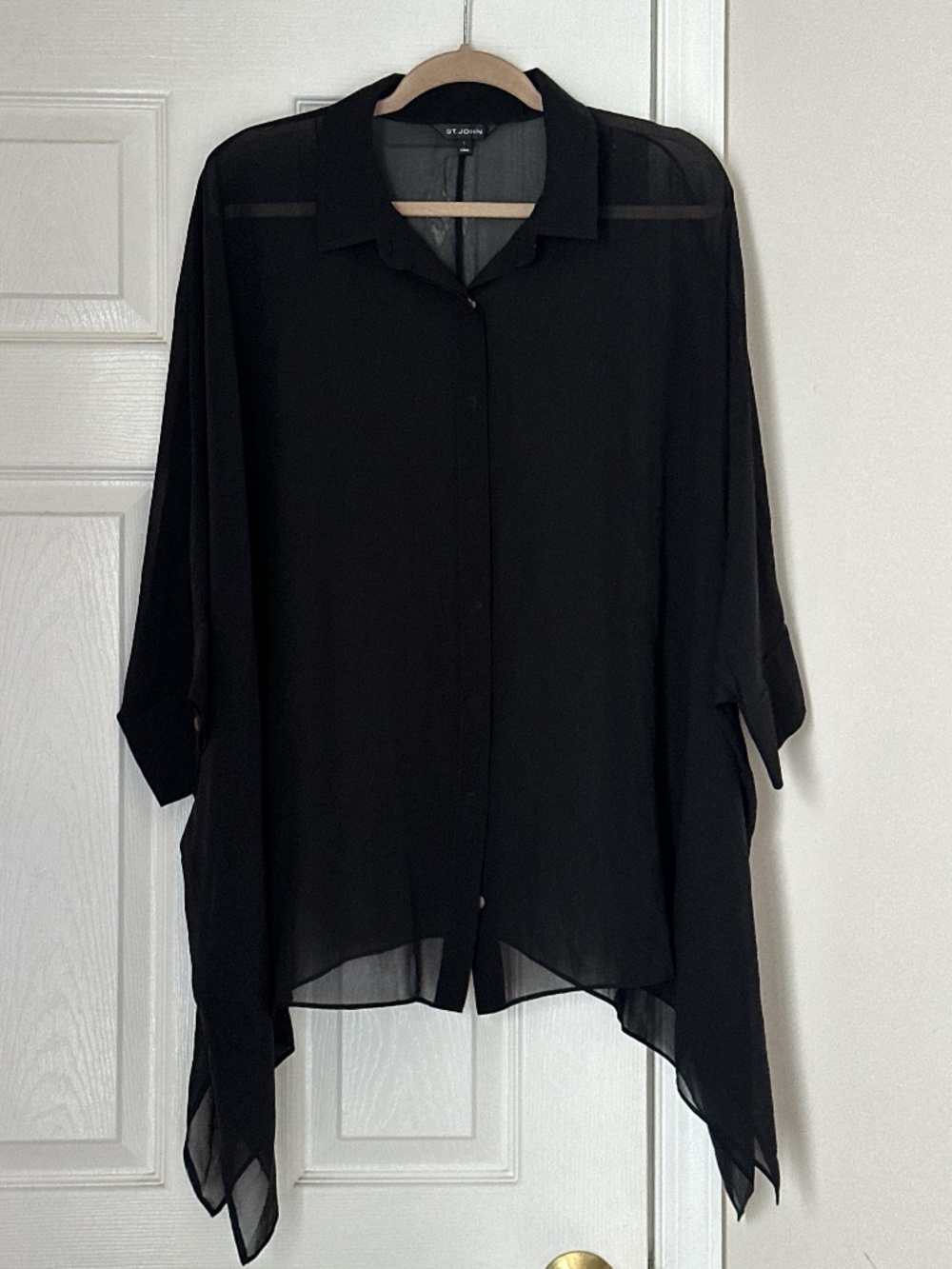 St. John 100% Silk Sheer Black Blouse Asymmetrical Hem Size Large Cover Up Top